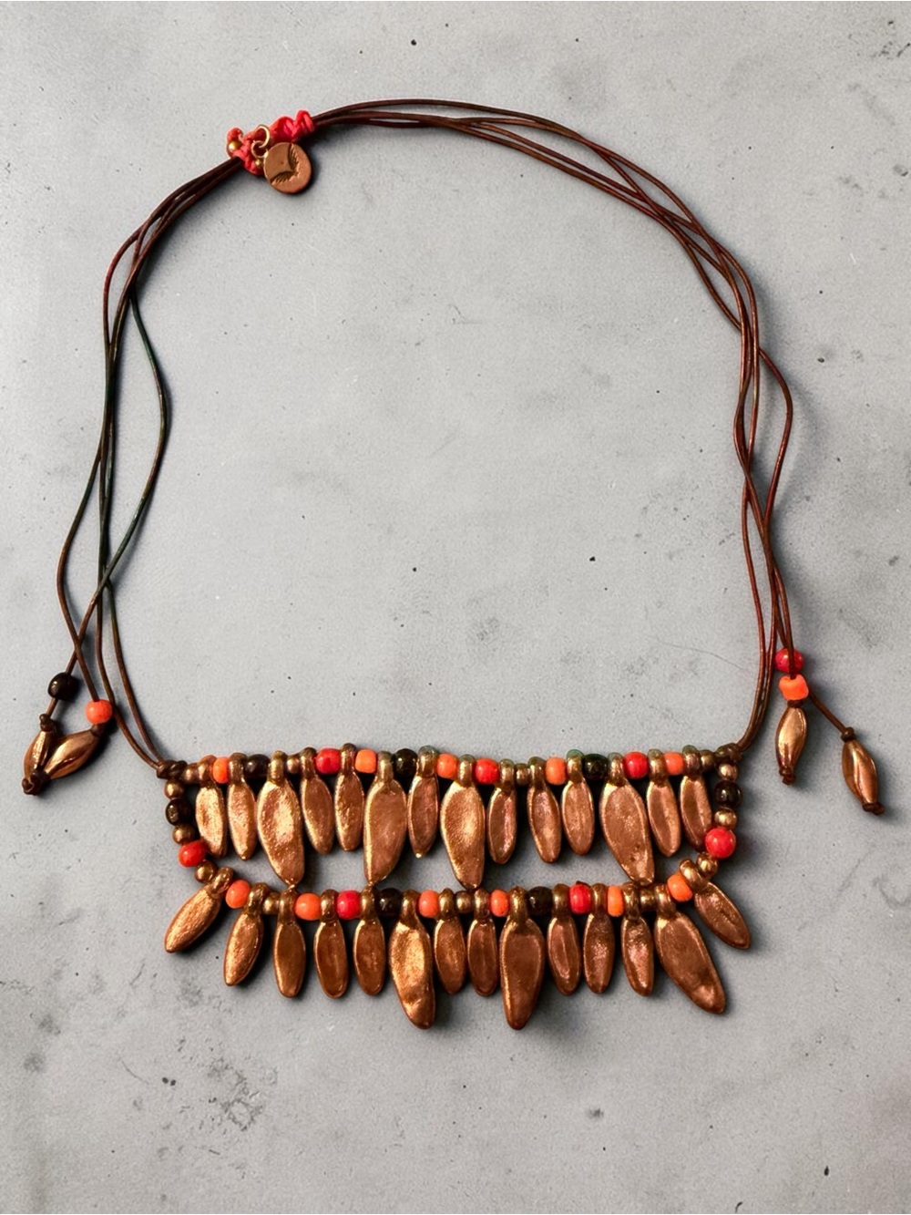 Handcrafted Copper-Tone Beaded Fringe Necklace - Brown & Red